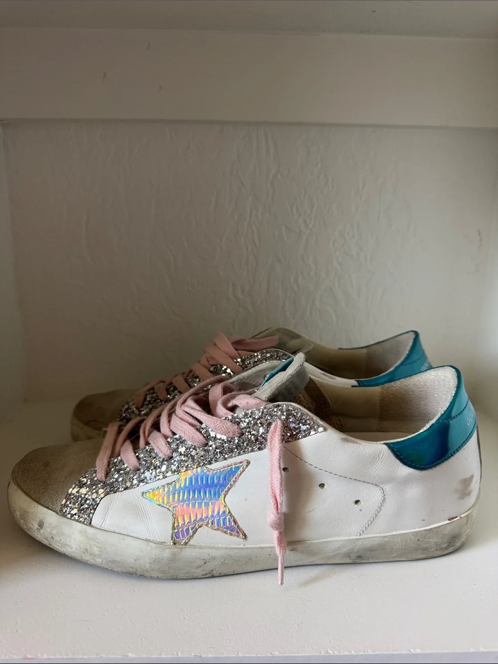 Golden Goose Limited Edition White Sneakers with Pink Laces, Silver Glitter
